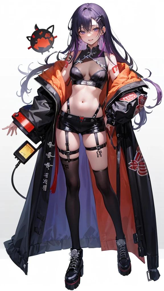 (((China Punk))),purple hair girl,super long hair,((body Harness)),(simple White background),smile,whole body,((full body)),full body,Standing picture,vtuber,front,from front,Viewer&#39;s perspective,Focus your gaze on the front,