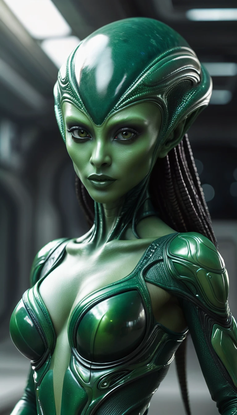 close-up, full length,dark green alien humanoid female from another planet ,looking at me, flirt,sexy, ultra high quality detailing