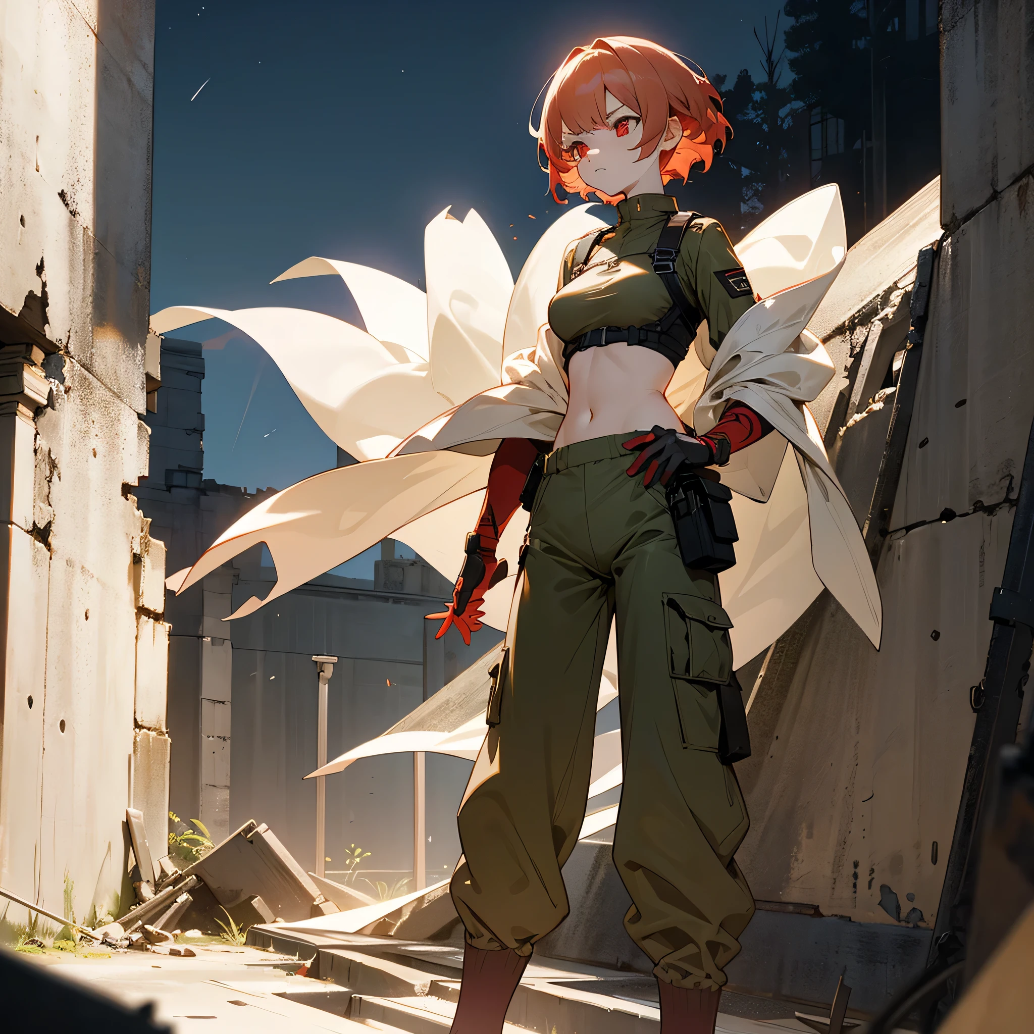 1female, adult, finely detailed red eyes, wavy short hair, pale cream hair, bikni top, baggy army combat pants, standing on ruined building, night time, serious expression
