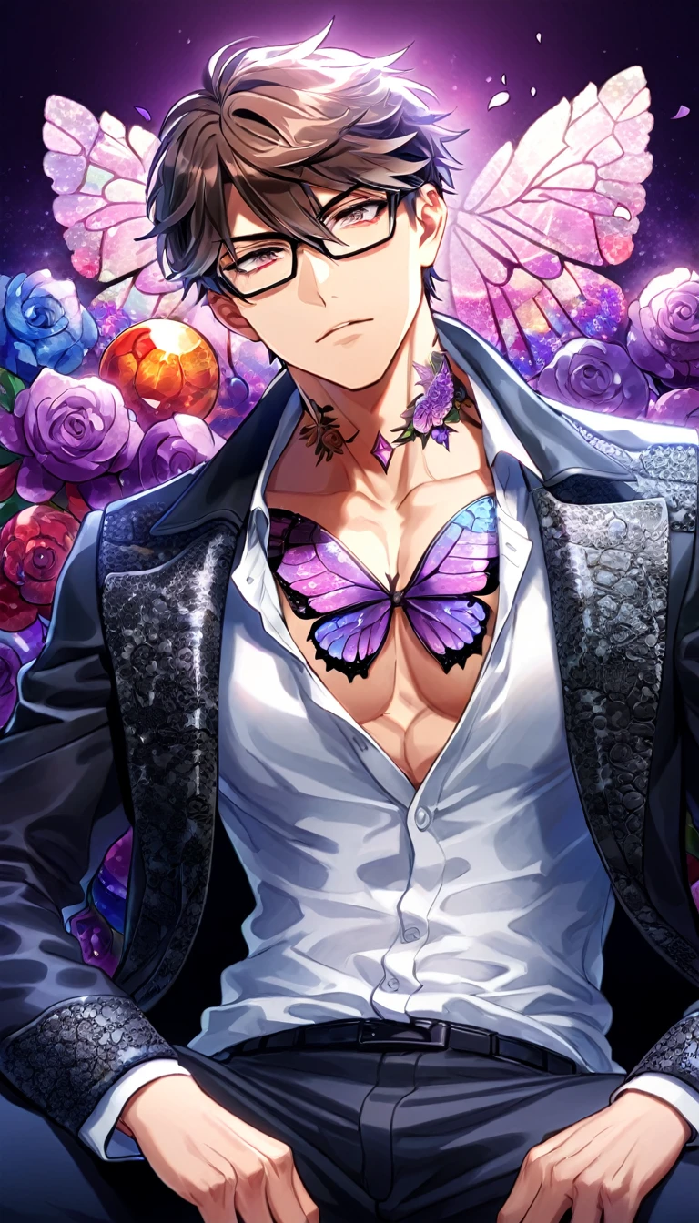 Ultra detailed, Highres, absurdres, HDR, Miyuki Kazuya, brown hair, expressive amber eyes, black glasses, black coat with patterns, Diamond No Ace, white shirt, fantasy, glittering purple butterflies, petals, handsome, sexy man, solo, very detailed eyes and face, master piece, toned chest, glittering, purple flowers, sitting, tattoo on his neck, black pants, purple background