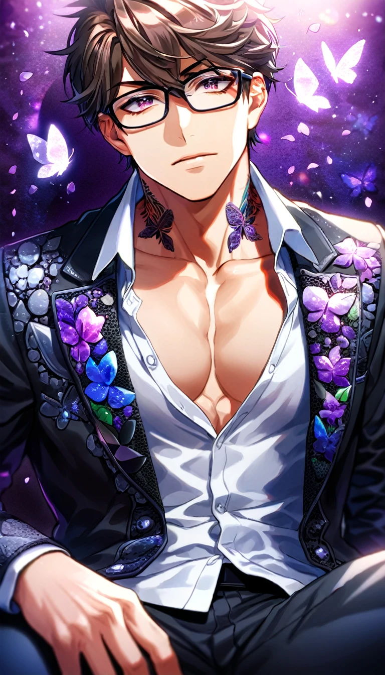 Ultra detailed, Highres, absurdres, HDR, Miyuki Kazuya, brown hair, expressive amber eyes, black glasses, black coat with patterns, Diamond No Ace, white shirt, fantasy, glittering purple butterflies, petals, handsome, sexy man, solo, very detailed eyes and face, master piece, toned chest, glittering, purple flowers, sitting, tattoo on his neck, black pants, purple background