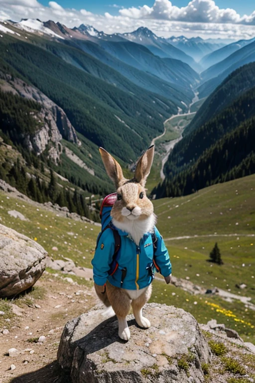 Imagine a cartoon-style rabbit standing confidently on a mountain peak. The rabbit is dressed for trekking, wearing a small, colorful backpack and a tiny, adventurous hat. Its outfit includes a miniature trekking jacket and sturdy little boots. The rabbit's expression is one of fun and excitement, radiating joy and adventure. The background showcases a stunning mountain panorama, with snow-capped peaks in the distance, lush green valleys below, and a bright blue sky overhead. The scene is bathed in warm sunlight, with a few rays breaking through the clouds. Wildflowers add splashes of color to the rugged terrain, and a couple of eagles can be seen soaring high above, enhancing the sense of adventure. The overall vibe is fun, whimsical, and full of the spirit of exploration.