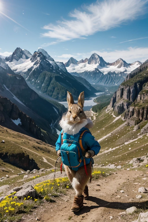 Imagine a cartoon-style rabbit standing confidently on a mountain peak. The rabbit is dressed for trekking, wearing a small, colorful backpack and a tiny, adventurous hat. Its outfit includes a miniature trekking jacket and sturdy little boots. The rabbit's expression is one of fun and excitement, radiating joy and adventure. The background showcases a stunning mountain panorama, with snow-capped peaks in the distance, lush green valleys below, and a bright blue sky overhead. The scene is bathed in warm sunlight, with a few rays breaking through the clouds. Wildflowers add splashes of color to the rugged terrain, and a couple of eagles can be seen soaring high above, enhancing the sense of adventure. The overall vibe is fun, whimsical, and full of the spirit of exploration.