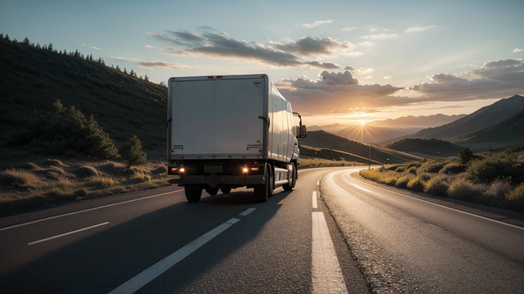 back view transport truck on the road driving towards the sunset