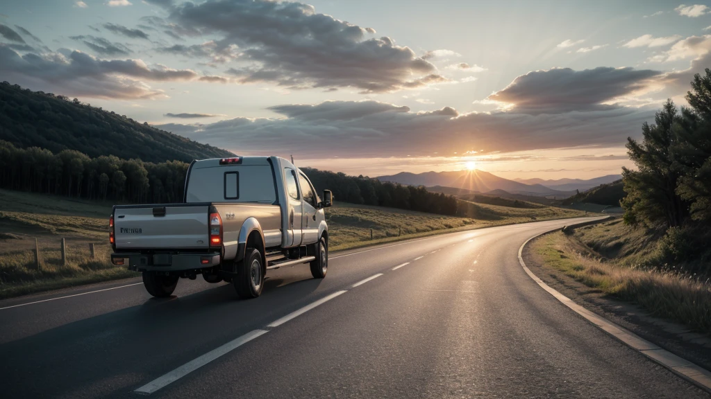 back view transport truck on the road driving towards the sunset