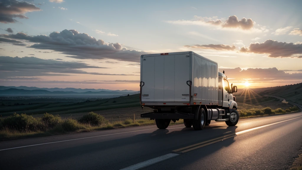 back view transport truck on the road driving towards the sunset