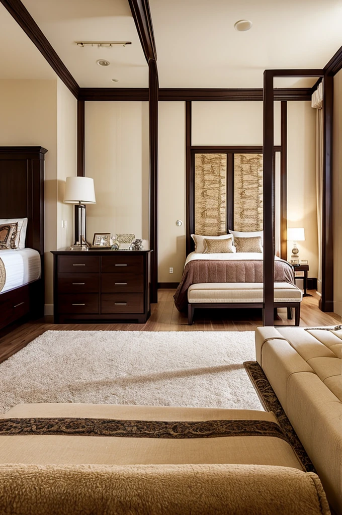 a fancy bedroom with a cat scratch pole in the backround