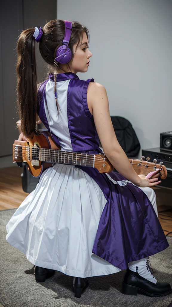 ((masterpiece, best quality))1girl, solo, fashion purple dress modern future, electric guitar, headphones, ponytail, holding, holding plectrum, instrument, very long brown hair, music, one side up, teal hair, twin tails, playing guiter, pleated long skirt fashion, fashion dress modern purple and white, interior, full body, purple, sit down, walking, jumping, beautiful boot modern
