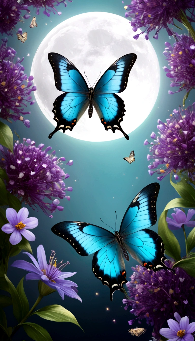 The background is greenblue,moon light,All expressed with jewels, the arrival of spring, various beautiful flower
, Beautiful purple swallowtail butterfly,angles looking up from below, various jewels falling from the sky, wonderful and beautiful superb view, slightly hazy, fantastic, high resolution, 8K, (best quality, highres, realistic:1.37), shiny metallic flowers, intricate and delicate petals, reflective surfaces, vibrant colors, intricate details, close-up view, surreal garden, surreal beauty, dreamy atmosphere, fine art, abstract botanicals, metallic sculpture, contrasting textures, ethereal glow