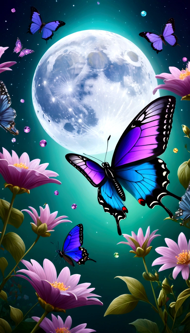 The background is greenblue,moon light,All expressed with jewels, the arrival of spring, various beautiful flower
, Beautiful purple swallowtail butterfly,angles looking up from below, various jewels falling from the sky, wonderful and beautiful superb view, slightly hazy, fantastic, high resolution, 8K, (best quality, highres, realistic:1.37), shiny metallic flowers, intricate and delicate petals, reflective surfaces, vibrant colors, intricate details, close-up view, surreal garden, surreal beauty, dreamy atmosphere, fine art, abstract botanicals, metallic sculpture, contrasting textures, ethereal glow
