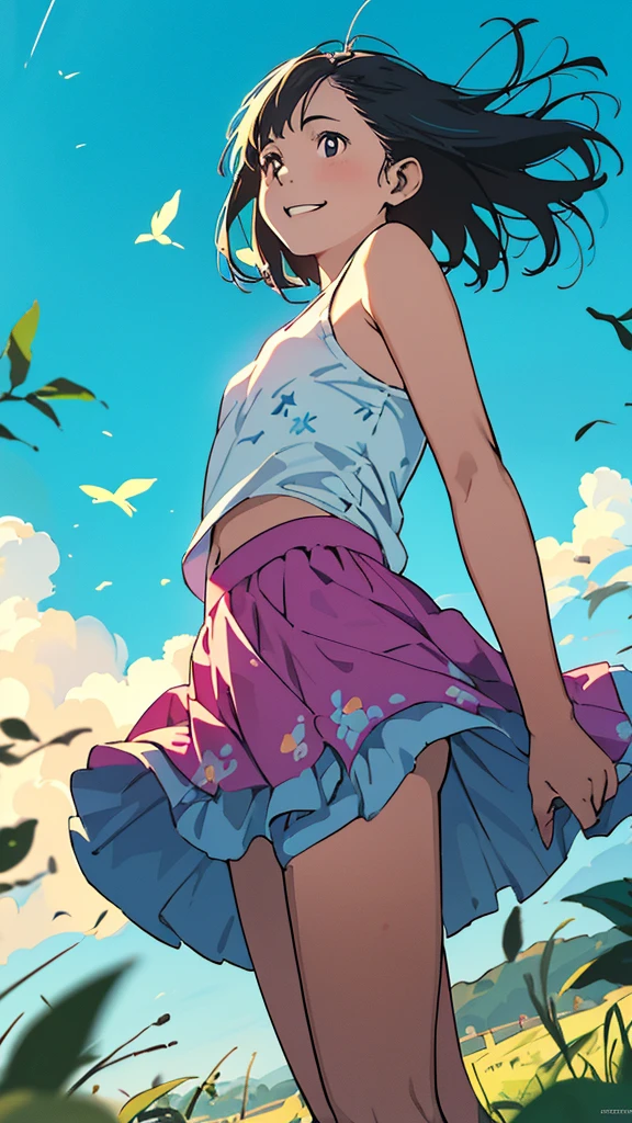 reasonable design, Clear lines, High Sharpness, (highest quality,4k,Perfect sharpness,Ultra fine,High resolution,masterpiece:1.2), Perfect Anatomy:1.5, Official Art, Illustrations that tell a story, (Whitish background:0. 9)、Body Positivity、More Mr.Physical expression、(Random and mischievous poses)、Perfect beauty、Perfect beautiful face、Strong winds、A rich expression、Dynamic composition、smile、Golden ratio composition、colorful、(Mr.Different angles and perspectives)、Anime Art、mini skirt、(Overcoming stereotypes)、 Glowing Skin、(Natural beauty)、smile、bangs、Straight Hair、(Soft and flowing hair)、(Rural Scenery)、(Nostalgic atmosphere)、Insert up to the thighs、(Playful and carefree)、(More Mr.Ethnic characters)、(innocent attitude)、(Sunny atmosphere)、Skirt flipped up、(Bright colors)、Belly button exposed、Beautiful Eyes、A skirt fluttering in the wind、Put it in to your feet、Some composition patterns、Tank top、Angle from behind、Angle from below、
