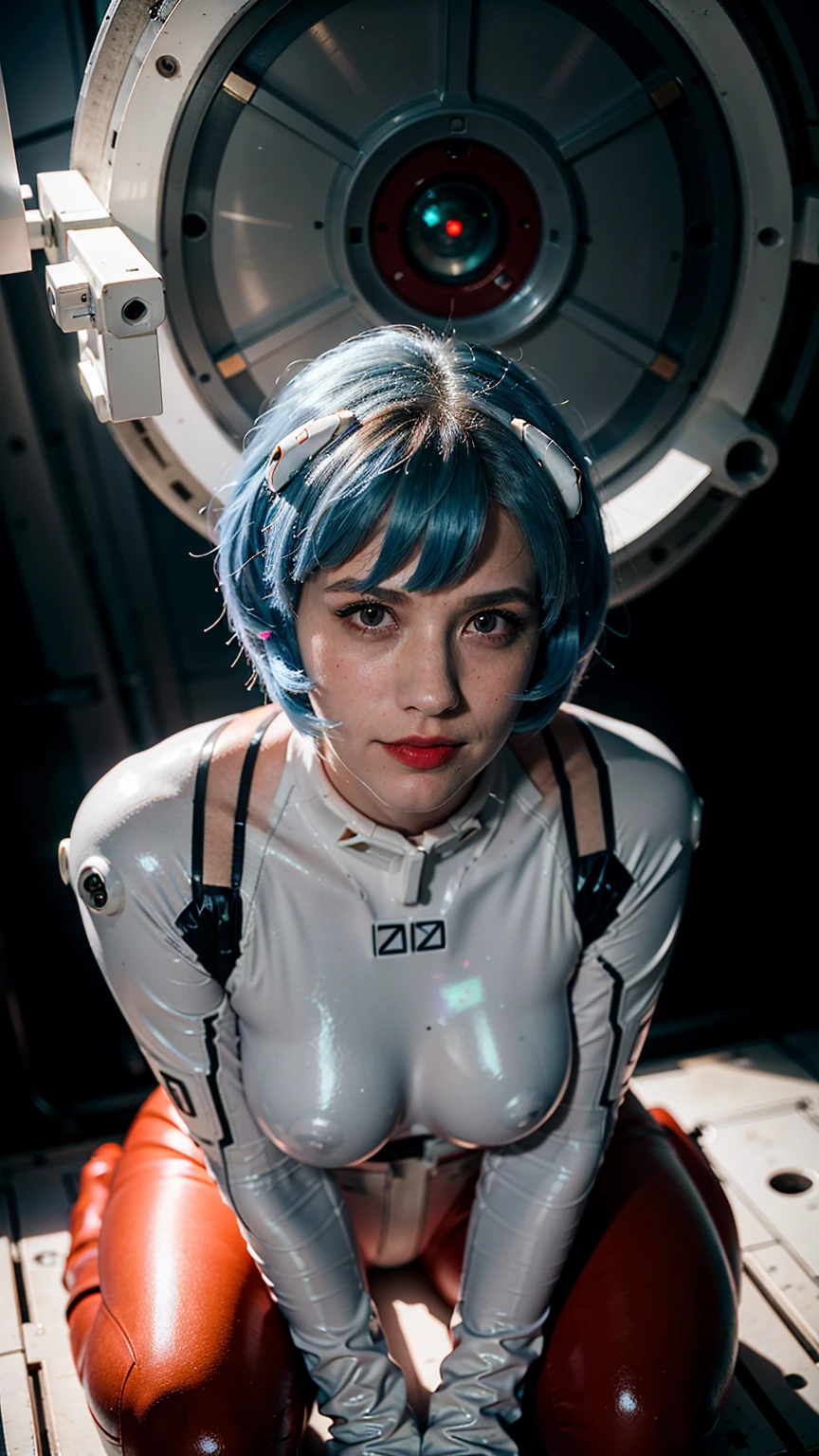 (masterpiece), (best quality), (red eyes), (epiCRealLife), (red lipstick), (show cleavage) (j4nu4ryj0n3s show cleavage) (young woman), (European Model), (Plugsuit), (ayanami_rei crop top plugsuit), interface headset, white crop top bodysuit),(white gloves) (red eyes), (blue hair), (medium breasts),(flash photography), (natural lights), (ample lights),( light smile), (pose for picture), (white gloves), (light smile), (lying on the space bed), (space station lobby), (squatting poses), (spaceship cockpit), (galaxy scenery),