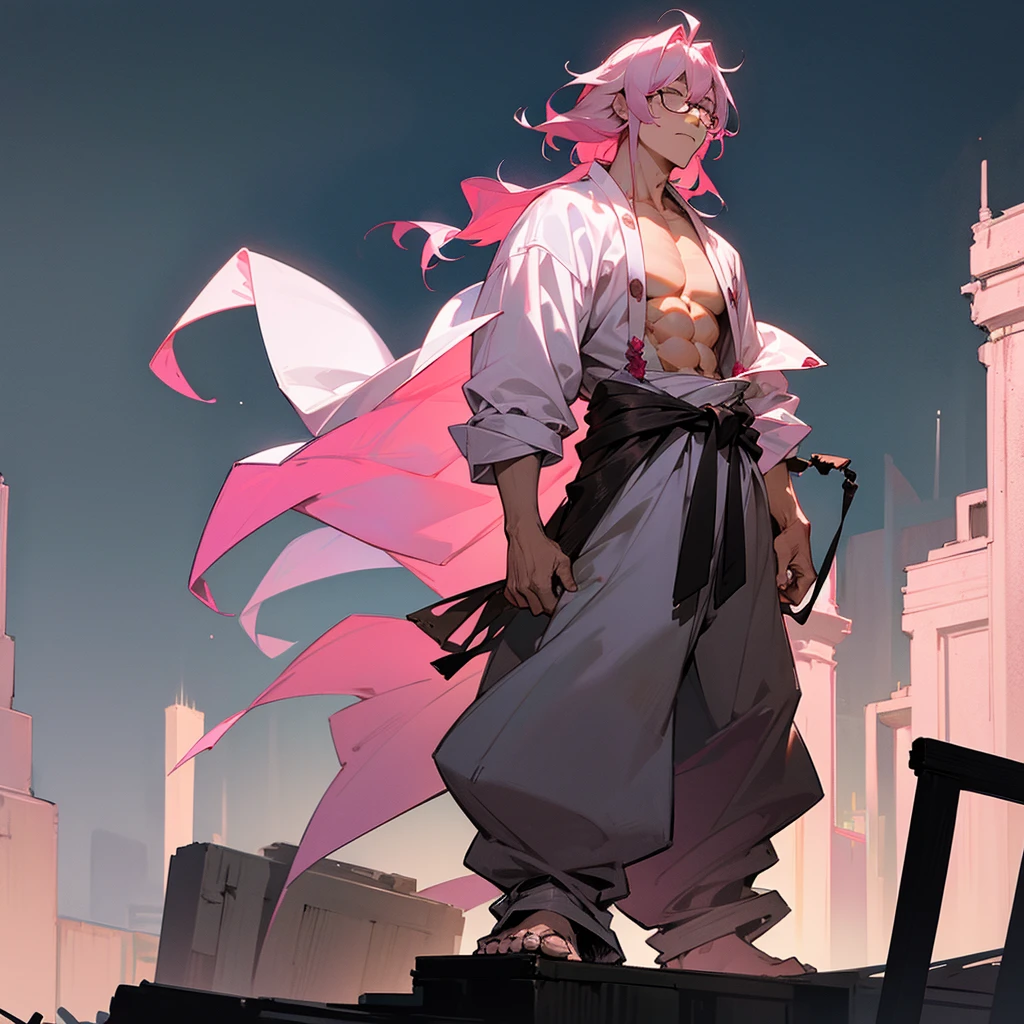 1male, adult, closed eyes, wild medium hair, rose quartz hair color, loose haori, baggy pants, standing on ruined building, night time, somber expression, muscular, scars, glasses