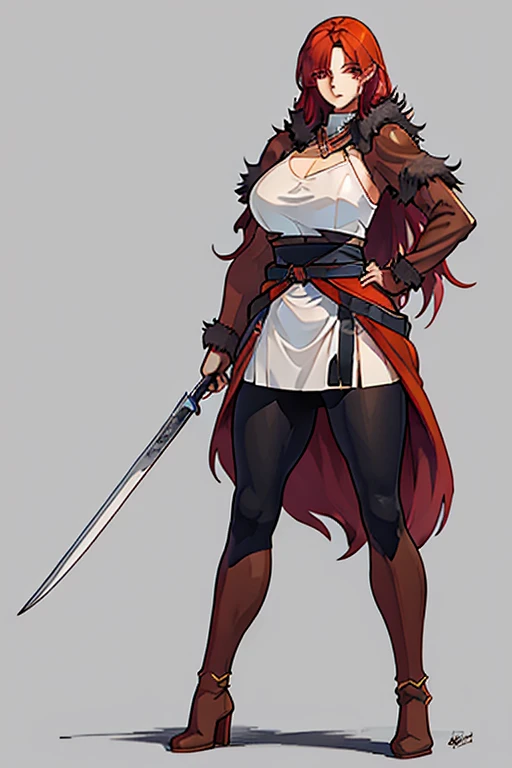 1woman. Full body imagine. Matured/motherly body but youthful appearance. VERY tall, slim. Lean, toned muscular. Mulberry red hair, red eyes. Wearing: (viking-ISH) black tight trousers with fur sash wrapped around waist. Knee-high brown leather boots, fur trimmed. White crop top blouse.
