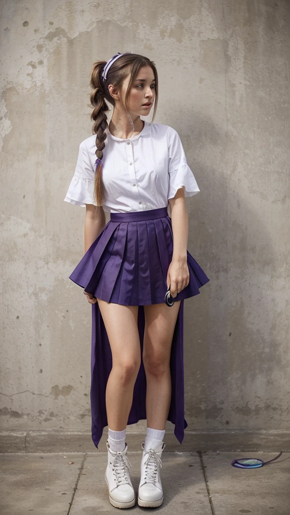 ((masterpiece, best quality))1girl, solo, fashion purple dress modern future, electric guitar, headphones, ponytail, holding, holding plectrum, instrument, very long brown hair, music, one side up, teal hair, twin tails, playing guiter, pleated long skirt fashion, fashion dress modern purple and white, interior, full body, purple, sit down in classic chair, walking, jumping, beautiful boot modern