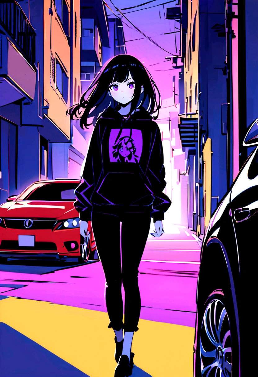 a girl with long black hair and white skin, dressed in a black hoodie and black pants, her bangs are purple, she walks a little angry near the apartment and a car drives up to her