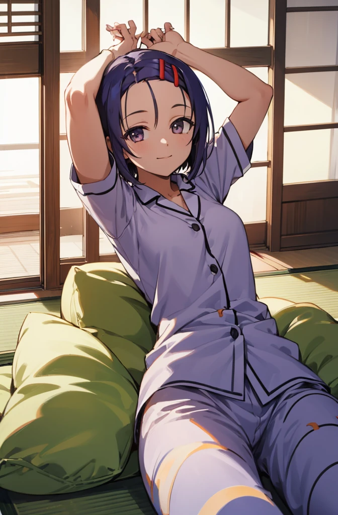 (masterpiece, best quality, detailed), 1girl, solo, aaharuna, short hair, hairclip, forehead, looking at viewer,
pajamas, sleepy, nightcap, indoors, tatami, sliding doors, cushion, electric fan, kotatsu, lying, on back, arms behind head, smile, closed mouth