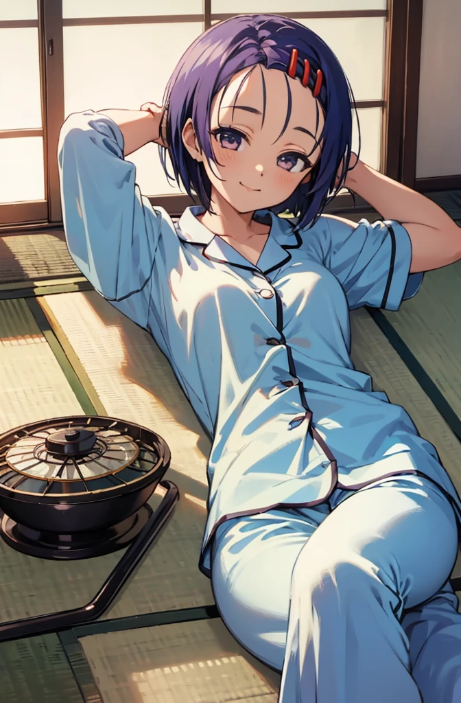 (masterpiece, best quality, detailed), 1girl, solo, aaharuna, short hair, hairclip, forehead, looking at viewer,
pajamas, sleepy, nightcap, indoors, tatami, sliding doors, cushion, electric fan, kotatsu, lying, on back, arms behind head, smile, closed mouth