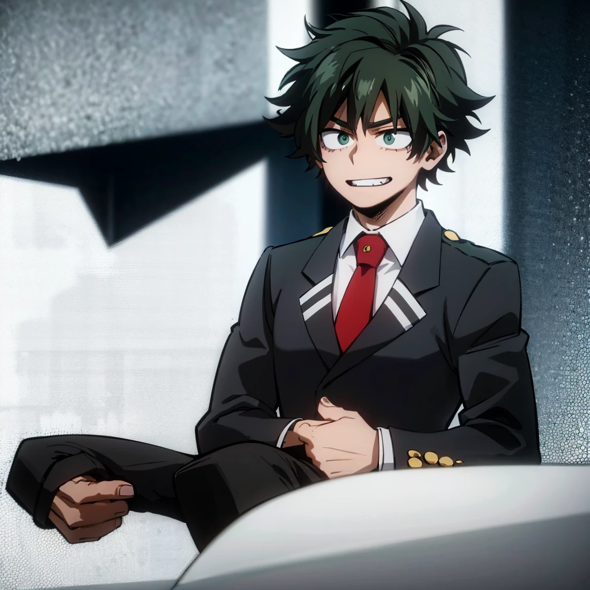 1boy, male focus, boku no hero academia, masterpiece, best quality, very aesthetic, absurdres, short curly hair, dark green hair, lime green eyes, devilish grin, gray jacket, red tie, white shirt, teal pants, boots