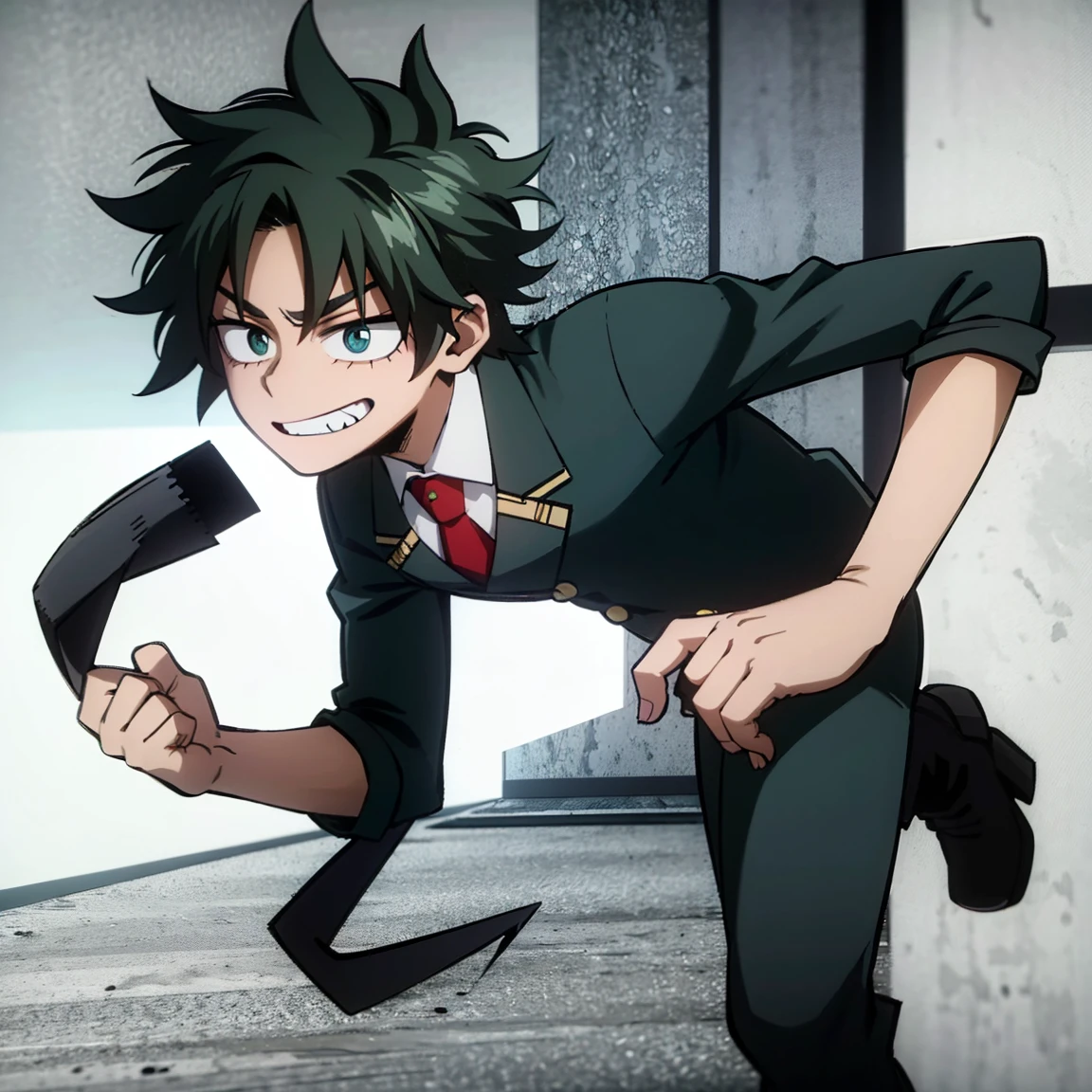 1boy, male focus, boku no hero academia, masterpiece, best quality, very aesthetic, absurdres, short curly hair, dark green hair, lime green eyes, devilish grin, gray jacket, red tie, white shirt, teal pants, boots