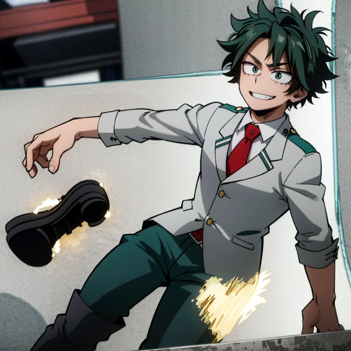 1boy, male focus, boku no hero academia, masterpiece, best quality, very aesthetic, absurdres, short curly hair, dark green hair, lime green eyes, devilish grin, gray jacket, red tie, white shirt, teal pants, boots 