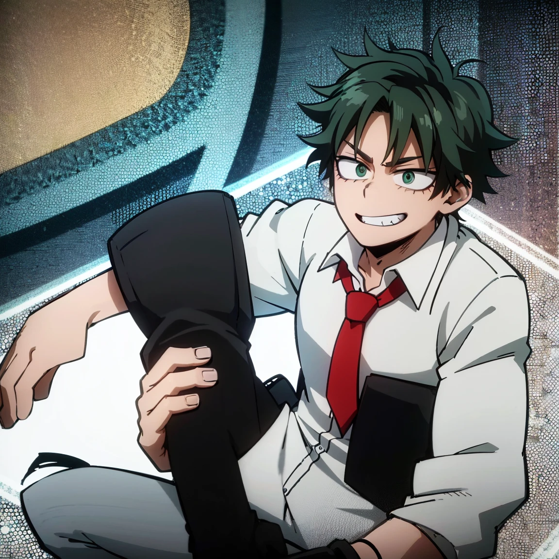 1boy, male focus, boku no hero academia, masterpiece, best quality, very aesthetic, absurdres, short curly hair, dark green hair, lime green eyes, devilish grin, gray jacket, red tie, white shirt, teal pants, boots 