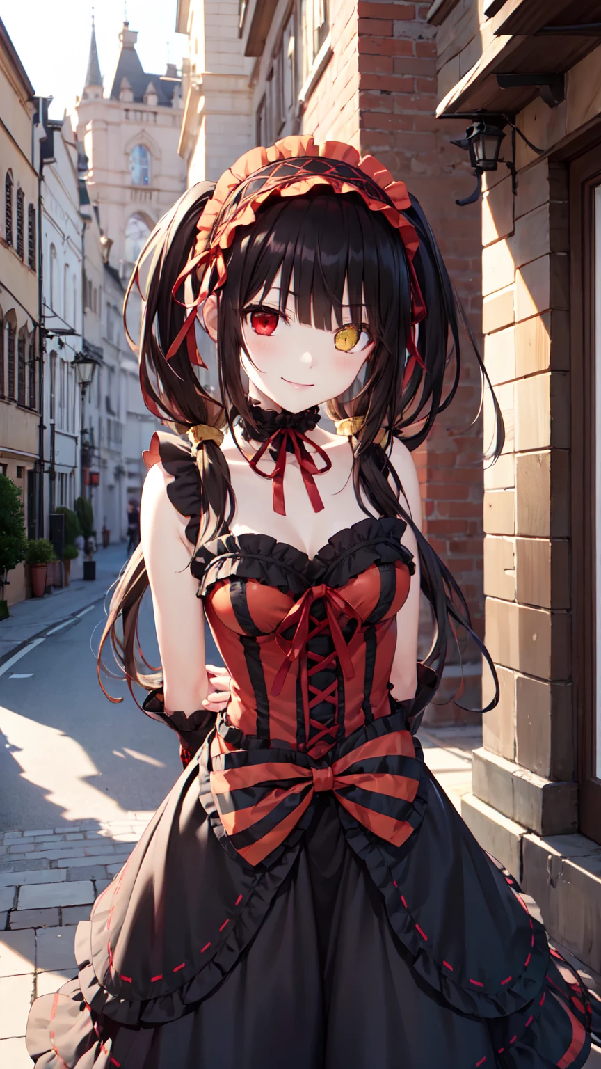 masterpiece, The best quality、street、Put your arms behind your back、Black Hair, Long twin tails bunches, (Yellow eyes:1.2), Heterochromia iridum, (Red Eyes:1.2),Tokisaki Kurumi、Smile,Gothic ta Clothing Accessories、victorian maid tiara、Black Ribbon、Shut up、Gothic Lolilothing Accessories