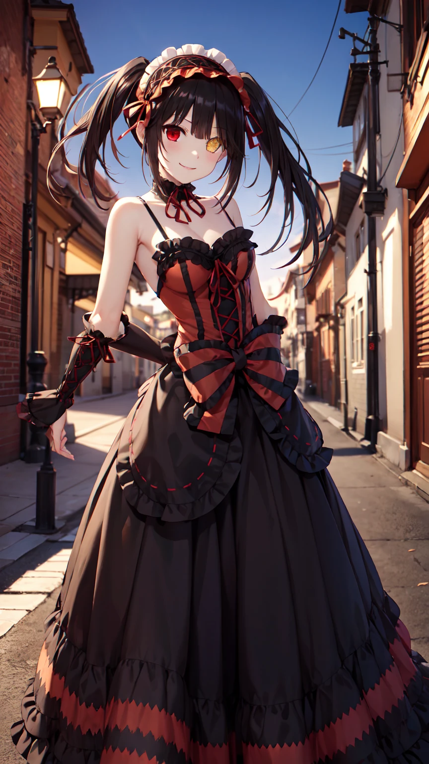 masterpiece, The best quality、street、Put your arms behind your back、Black Hair, Long twin tails bunches, (Yellow eyes:1.2), Heterochromia iridum, (Red Eyes:1.2),Tokisaki Kurumi、Smile,Gothic Lolita Clothing Accessories、victorian maid tiara、Black Ribbon、Shut up、Gothic Lolita Clothing Accessories