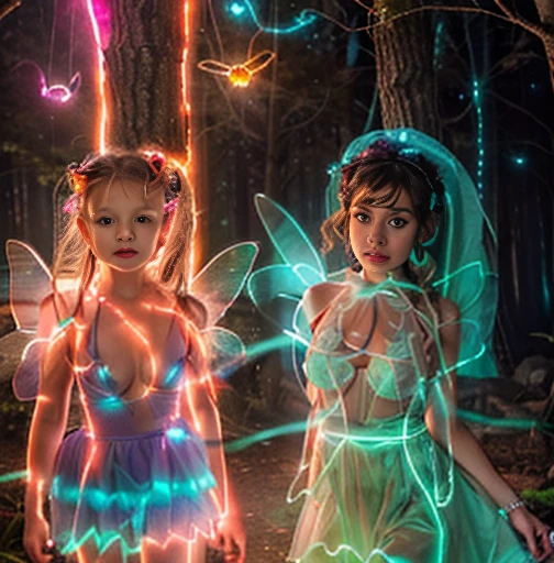 ((2 faeries girls, gorgeous, large firm push up breasts, faeries bra and dresses, neckline, 20 years old)), (in bioluminescent forest plants,fabulous night forest,magical radiance),Raw photo,ultra rea, uhd, realistic skin and hairs, best quality,16k resolution,vivid colors, little lake with luminescent effects, little faeries girl, (((the most beautiful cute girl faces in the world)))