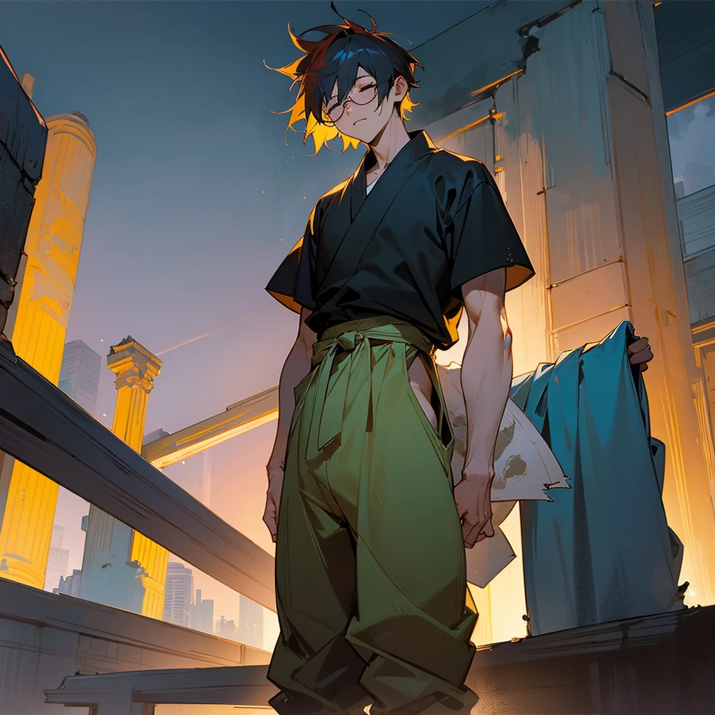 1male, adult, closed eyes, wild short hair, curry hair color, loose haori, baggy pants, standing on ruined building, night time, somber expression, muscular, scars, glasses
