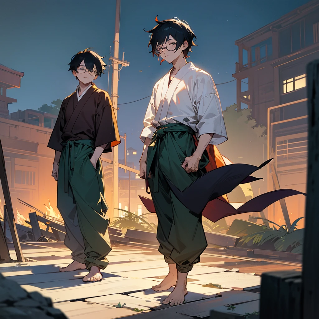 1male, adult, closed eyes, wild short hair, curry hair color, loose haori, baggy pants, standing on ruined building, night time, somber expression, muscular, scars, glasses