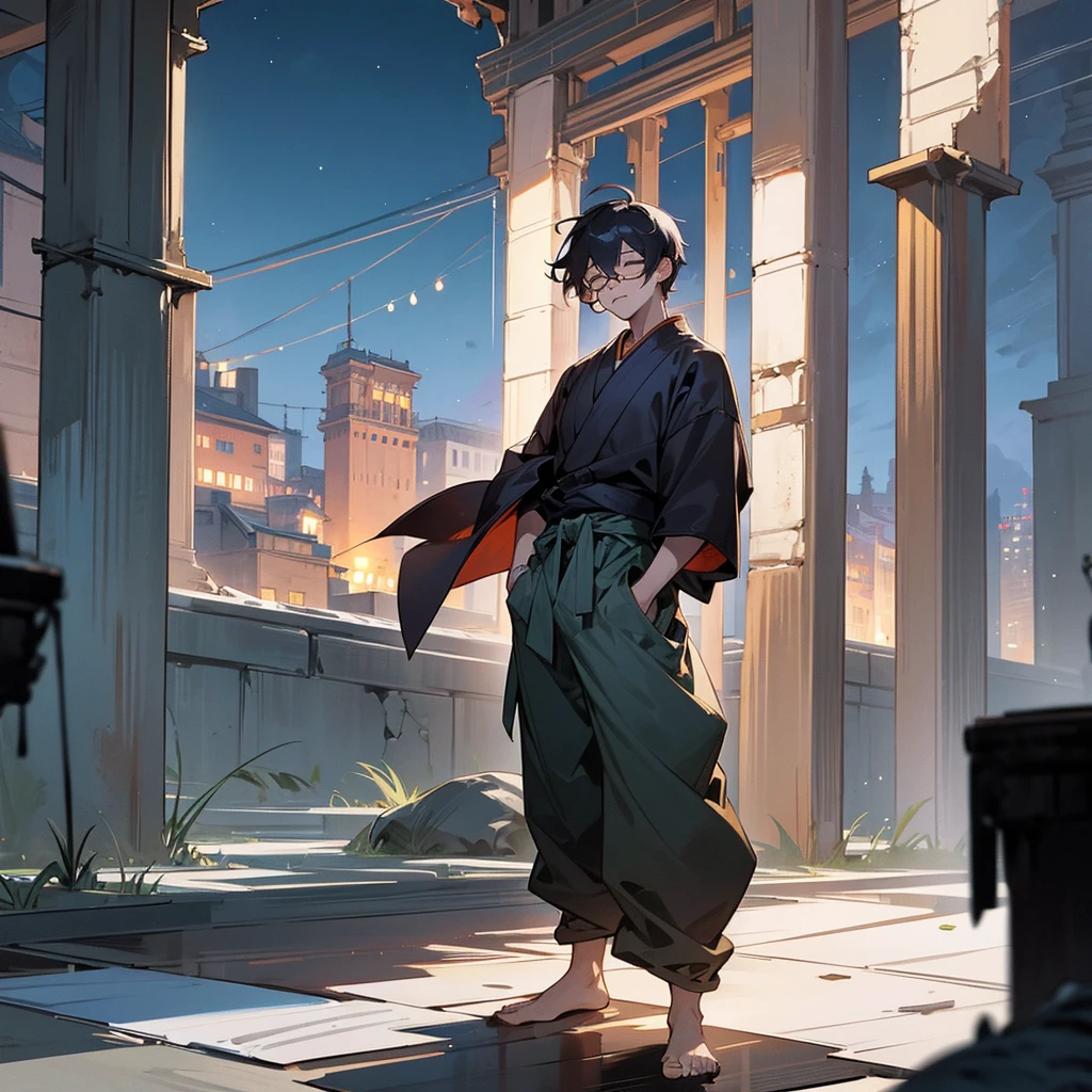 1male, adult, closed eyes, wild short hair, curry hair color, loose haori, baggy pants, standing on ruined building, night time, somber expression, muscular, scars, glasses
