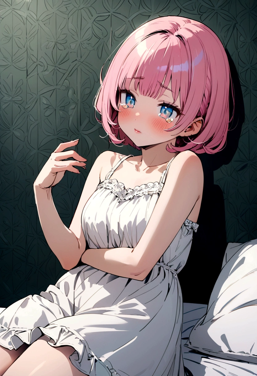 muste piece, best quality, illustration, Super detailed, fine details, High resolution, 8K,wall paper, perfect dynamic composition, beautiful detailed eyes, White camisole,short bob hair、pink hair color,Big Natural Color Lip, bold sexy pose,crying a little、cold gaze,Harajuku style、20 year old girl、cute type、ta、good eyes、Sleeping on the bed