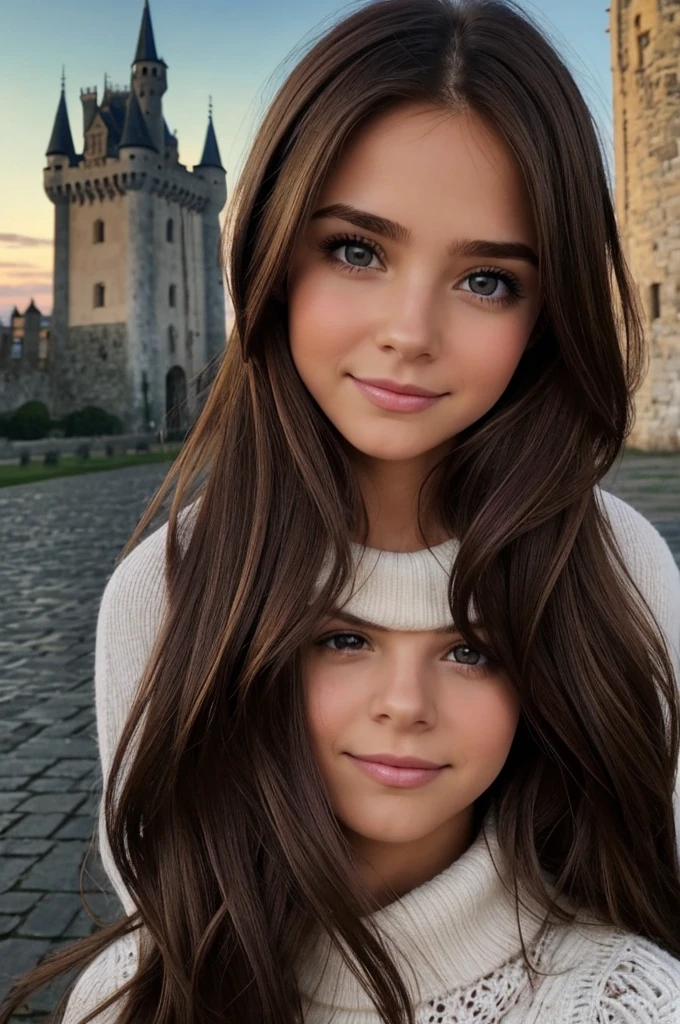 brown hair woman, mirada profunda y tierna a la vez, sus ojos de color morado lila, small smile on his face, el fondo algo oscuro y con un castillo inmenso tras de ella, este echo de cristal y unos cuantos resplandores tras de ella.
