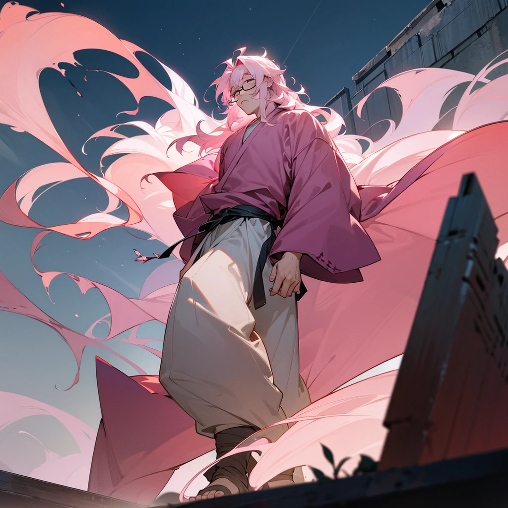 1male, adult, closed eyes, wild medium hair, rose quartz hair color, loose haori, baggy pants, standing on ruined building, night time, somber expression, muscular, scars, glasses