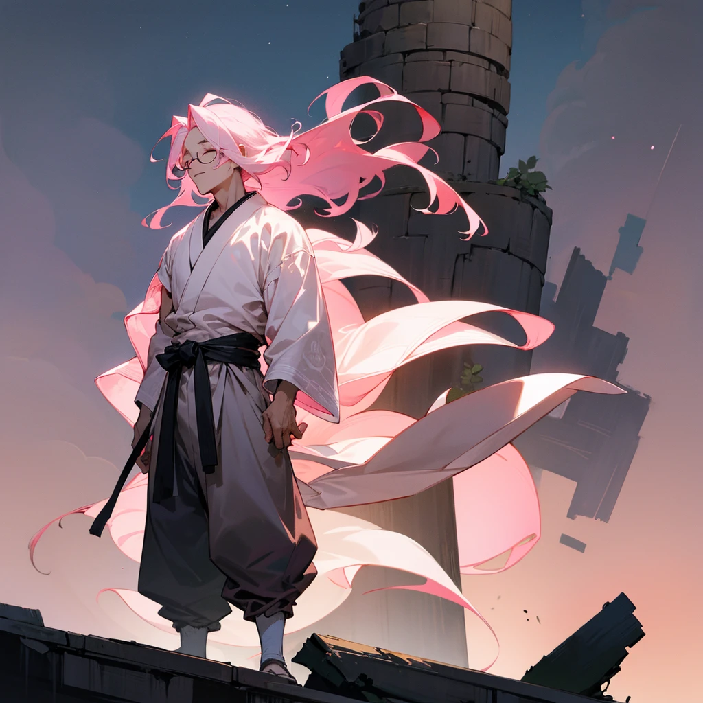 1male, adult, closed eyes, wild medium hair, rose quartz hair color, loose haori, baggy pants, standing on ruined building, night time, somber expression, muscular, scars, glasses