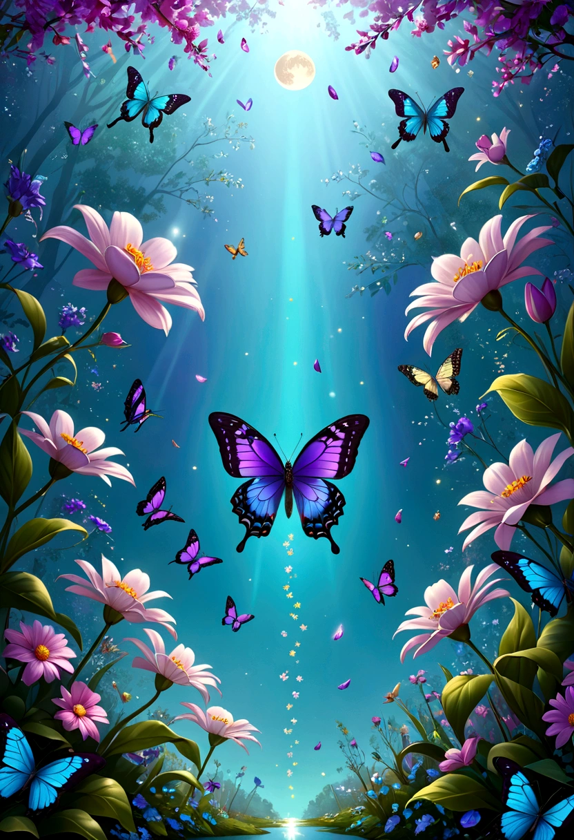 The background is greenblue,moon light,All expressed with jewels, the arrival of spring, various beautiful flower
, Beautiful purple swallowtail butterfly,angles looking up from below, various jewels falling from the sky, wonderful and beautiful superb view, slightly hazy, fantastic, high resolution, 8K, (best quality, highres, realistic:1.37), shiny metallic flowers, intricate and delicate petals, reflective surfaces, vibrant colors, intricate details, close-up view, surreal garden, surreal beauty, dreamy atmosphere, fine art, abstract botanicals, metallic sculpture, contrasting textures, ethereal glow