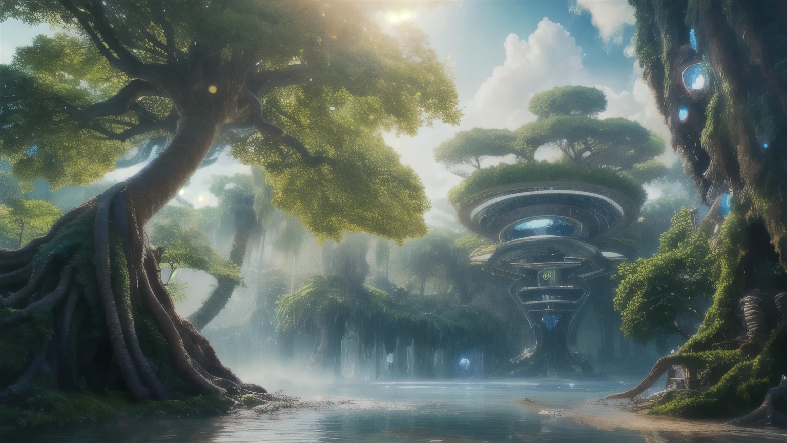masterpiece, best quality, high quality, extremely detailed CG unity 8k wallpaper, a hyperrealistic colossal cyan raintree, in a futuristic prehistoric village, splashing water, sandy debris, lens flares, sunshaft, fluffy clouds, Hyperdetailed, HDR, bloom, Photorealistic, hyperdetailed