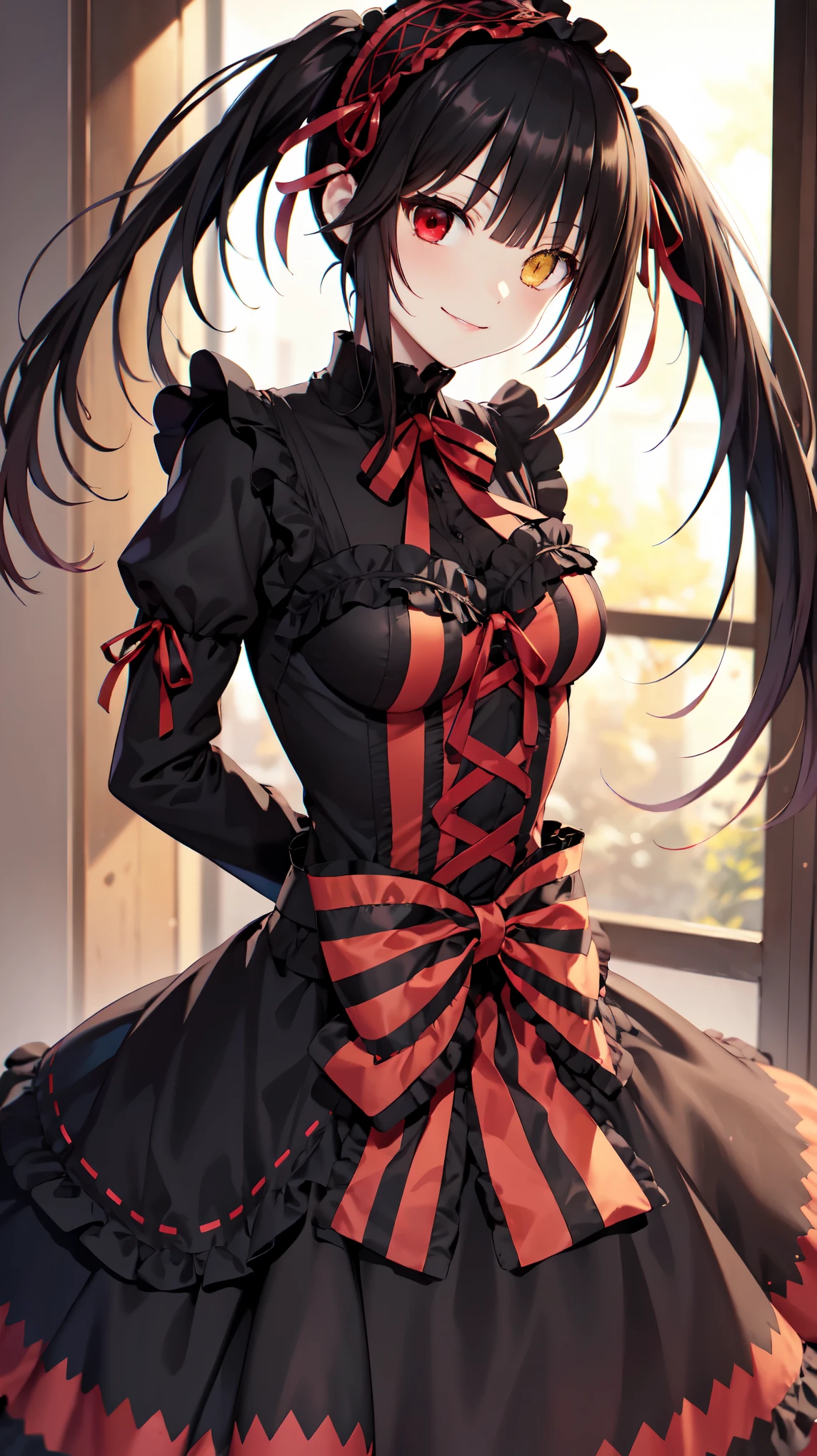 masterpiece, The best quality、street、Put your arms behind your back、Black Hair, Long twin tails bunches, (Yellow eyes:1.2), Heterochromia iridum, (Red Eyes:1.2),Tokisaki Kurumi、Smile,Gothic Lolita Clothing Accessories、victorian maid tiara、Black Ribbon、Shut up、Gothic Lolita Clothing Accessories