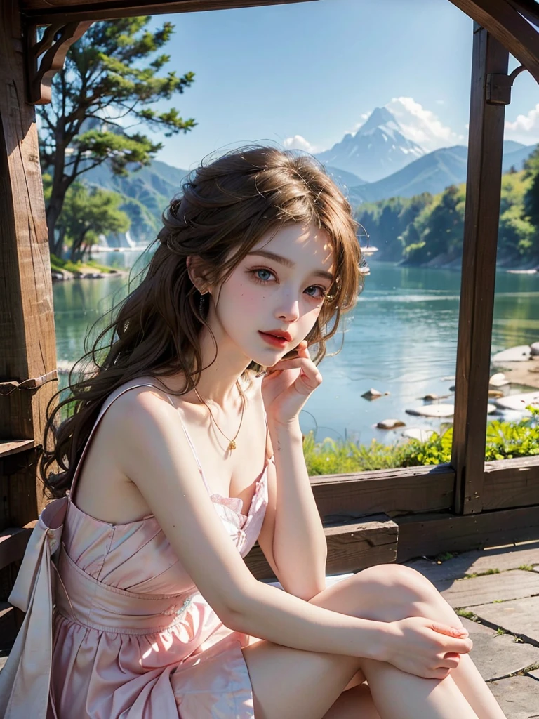 Masterpiece, Best quality, high resolution, realistic , hyperrealism , lifelike photography ,2024s, , alluring beautiful full body shot, (curly blondish brunette long hair, blue cat-shaped eyes), white skin with freckles, beautiful short cut naughty dress with flower embroidery and details , beautiful golden  necklaces & bracelets, elegant bearing, beautiful landscape background of a rose & lilac & orchid garden, high budget , beautiful mesmerizing face and small nose, long and curly sparkling hair , holding a beautiful orange stray cat , clivage , sunset , pink clouds , yellowish red rays at the horizon, elegant posing, beautiful legs, fit body, gorgeous Russian woman standing and naughty posing at the lagoon shores, back shot, side shot , front shot, blue lagoon , full body shot at the frame , naughty smile , deep cut chest style dress, very short skirt, windy summer breeze , reasonable naked body parts, reasonable nudity , beautiful cats sitting around her