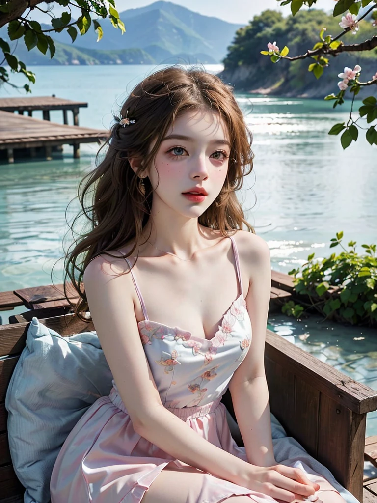 Masterpiece, Best quality, high resolution, realistic , hyperrealism , lifelike photography ,2024s, , alluring beautiful full body shot, (curly blondish brunette long hair, blue beautiful eyes), white skin with freckles, beautiful short cut naughty dress with flower embroidery and details , beautiful golden necklaces & bracelets, elegant bearing, beautiful landscape background of a rose & lilac & orchid garden, high budget , beautiful mesmerizing face and small nose, long and curly sparkling hair , holding a beautiful orange stray cat , clivage , sunset , pink clouds , yellowish red rays at the horizon, elegant posing, beautiful legs, fit body, gorgeous Russian woman standing and naughty posing at the lagoon shores, back shot, side shot , front shot, blue lagoon , full body shot at the frame , naughty smile , deep cut chest style dress,(( very short skirt)) ,windy summer breeze , reasonable naked body parts, reasonable nudity , ((beautiful cats sitting around her )),