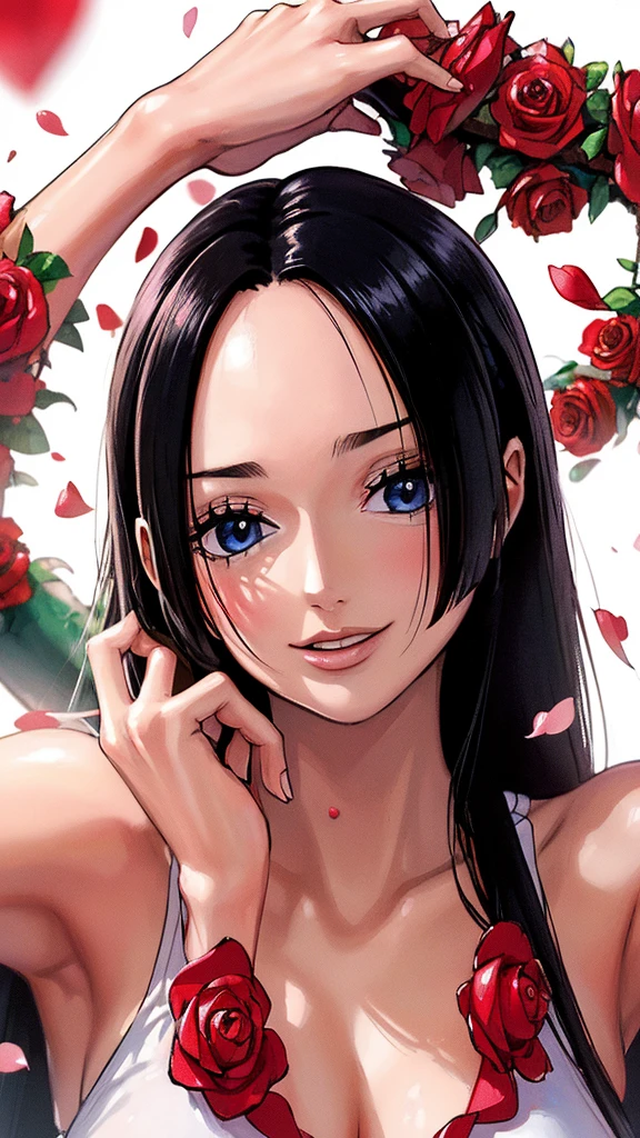 best quality, masterpiece, highly detailed,1girl,  ((rose)), (vine), cage, bandage, red rope, (detail light), falling rose petals, Boa Hancock, (nsfw:1.3), (masterpiece:1.5), Detailed Photo, Smiling, Sexy, (8K, Best Quality: 1.4), (1girl), Beautiful Face, (anime realistic Face), (Black Hair, long Hair: 1.3), Beautiful Hairstyle, Realistic eyes, beautiful detail eyes, (white skin), beautiful skin, absurd, attractive, ultra high resolution, ultra realistic, high definition, golden ratio, (sexually aroused:1.5), Pinkish white skin, cool white light, sexy pose, Beautiful , white background, pink soft white light, Wear a white tank top