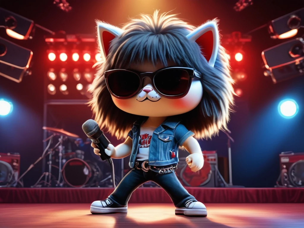 A anthropomorphic kitten fluffy cartoon digital painting 3d realistic with very long hair black with bangs, cover band Ramones, Joey Ramone singing with microphone in hand (black sunglasses with oval lenses red) digital painting 3d cosplay Ramones pants jeans, All Star shoes in the background concert stage with several lights blue, isometric view, Cinematic, Hyperrealistic, Backlit, Extremely low angle, Highly detailed, scaled down, Unrealistic rendering, 16K
