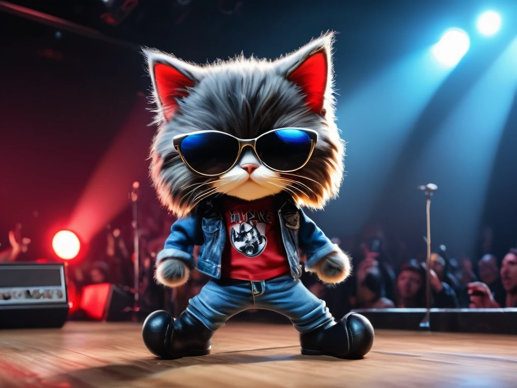 A anthropomorphic kitten fluffy cartoon digital painting 3d realistic with very long hair black with bangs, cover band Ramones, Joey Ramone singing with microphone in hand (black sunglasses with oval lenses red) digital painting 3d cosplay Ramones pants jeans, All Star shoes in the background concert stage with several lights blue, isometric view, Cinematic, Hyperrealistic, Backlit, Extremely low angle, Highly detailed, scaled down, Unrealistic rendering, 16K