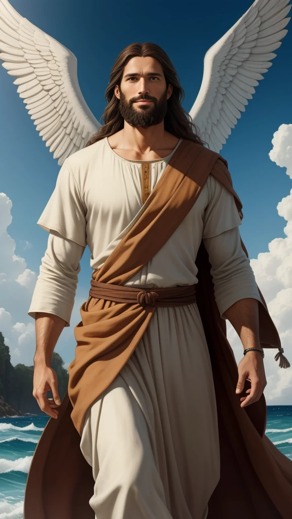 Almighty god Jesus christ ( jesus) blessing to the sky  35 years old with a long brown hair and long beard, heaven blessings light with a cross background)  happy face, realistic 8k,A beautiful ultra-thin realistic portrait of Jesus, the prophet, a man 35 years old Hebrew brunette, short brown hair, real perfect eyes, long brown beard, with, Helping People , wearing long linen tunic closed on the chest part, in front view, full body, biblical, realistic,by Diego Velázquez,Peter Paul Rubens,Rembrandt,Alex Ross,8k, Concept Art, PhotoRealistic, Realistic,  Illustration, Oil Painting, Surrealism, HyperRealistic, helping people , Digital art, style, watercolorReal Jesus flying on sky with a flying cloud in the background, Jesus walking on water, biblical illustration, epic biblical representation, forcing him to flee, coming out of the ocean, ! holding in hand!, disembarking, god of the ocean, beautiful representation, 8k 3D Model, realistic,
a 3D Realistic of jesus with a halo in the sky, jesus christ, smiling in heaven, portrait of jesus christ, jesus face, 35 young almighty god, portrait of a heavenly god, greg olsen, gigachad jesus, jesus of nazareth, jesus, the face of god, god looking at me, he is greeting you warmly, he is happy, avatar image