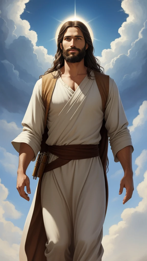 Almighty god Jesus christ ( jesus) blessing to the sky  35 years old with a long brown hair and long beard, heaven blessings light with a cross background)  happy face, realistic 8k,A beautiful ultra-thin realistic portrait of Jesus, the prophet, a man 35 years old Hebrew brunette, short brown hair, real perfect eyes, long brown beard, with, Helping People , wearing long linen tunic closed on the chest part, in front view, full body, biblical, realistic,by Diego Velázquez,Peter Paul Rubens,Rembrandt,Alex Ross,8k, Concept Art, PhotoRealistic, Realistic,  Illustration, Oil Painting, Surrealism, HyperRealistic, helping people , Digital art, style, watercolorReal Jesus flying on sky with a flying cloud in the background, Jesus walking on water, biblical illustration, epic biblical representation, forcing him to flee, coming out of the ocean, ! holding in hand!, disembarking, god of the ocean, beautiful representation, 8k 3D Model, realistic,
a 3D Realistic of jesus with a halo in the sky, jesus christ, smiling in heaven, portrait of jesus christ, jesus face, 35 young almighty god, portrait of a heavenly god, greg olsen, gigachad jesus, jesus of nazareth, jesus, the face of god, god looking at me, he is greeting you warmly, he is happy, avatar image