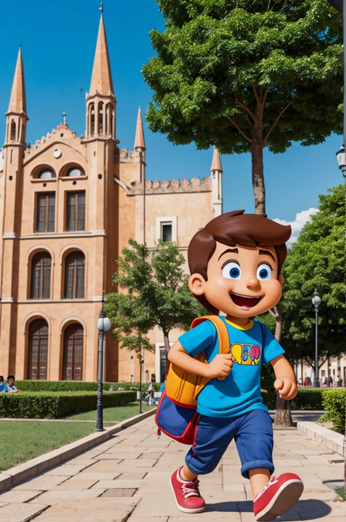 cartoon for children. Un joven yendo a la Universidad, mientras camina por una plaza