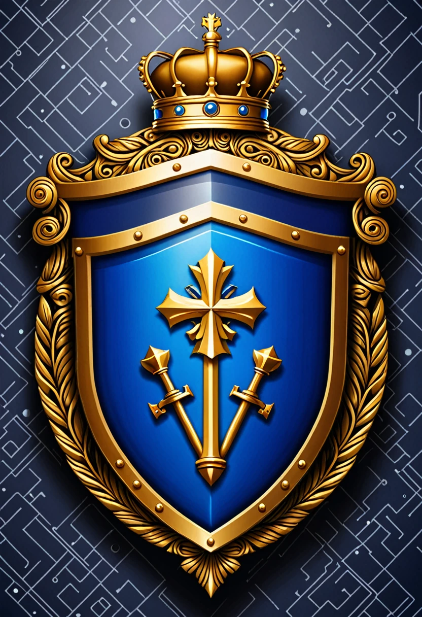 . Personal logo or insignia: Shield, Name:Solomon Oshoname Akpabio around the shoield, stylised crown sits atoo yhe shield, within the shield sits a gavel and a cross. Circuit patterns aor digital pixel on the background