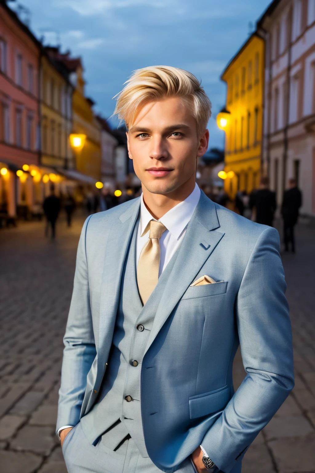 Blond Man, Evening Photo Session at Litewski Square in Lublin
A distinguished blond man in his early 30s, wistfully gazing towards the twilight sky, stands alone in the picturesque Litewski Square in Lublin. The golden hour illuminates his tanned, sculpted features, giving an ultra-realistic image of his chiseled jawline and piercing blue eyes. His short, stylishly messy blonde hair catches the light, contrasting with the cool, romantic ambiance of the square.
He wears a crisp, well-tailored suit, expertly crafted with fine materials. The backdrop of the square