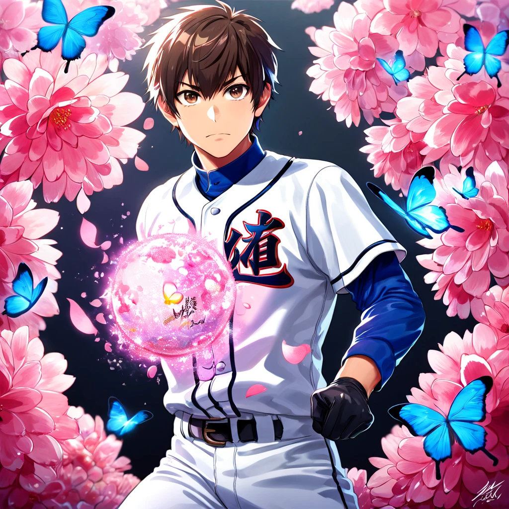 absurdres, highres, ultra detailed, HDR, master piece, best quality, Sawamura Eijun, brown hair, expressive brown eyes, diamond no ace, solo, sexy man, handsome, white baseball uniform, black gloves, magical, fantasy, shining, pink flowers, pink blossoms, pink butterflies, pink petals, water